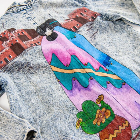 80s Acid Wash Hand Painted Southwestern Duster L L - Picture 11 of 11
